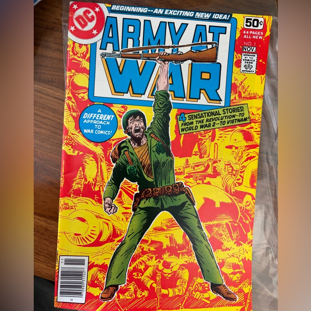 DC Army At War Comic Book – Bright Yellow & Red Cover with Green Uniform